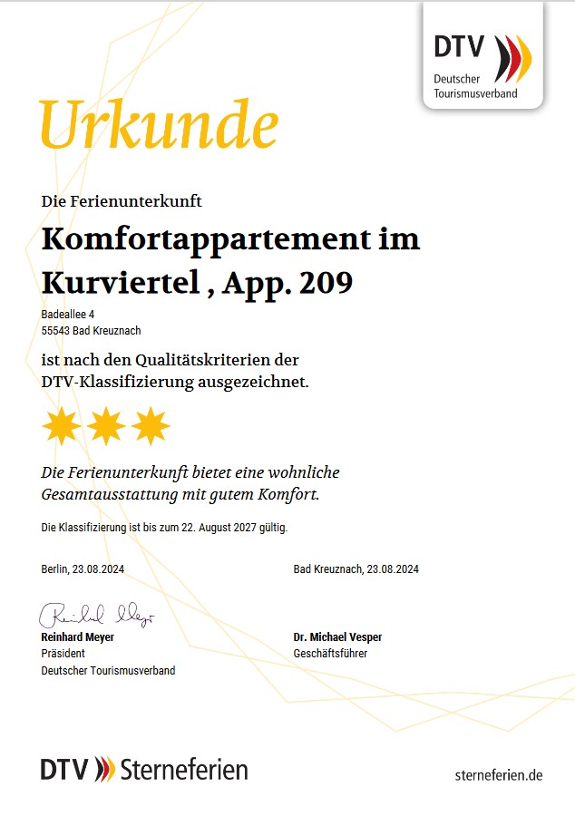 Das 3 Sterne Zertifikat FeWo-Neumayr Ferienwohnung Neumayr Bad Kreuznach Brückenhäuser Saline Salinen
